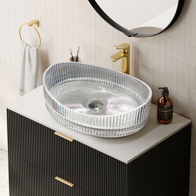Homary 25" Crystal Glass Vessel Sink Oval Transparent Fluted Washbasin Homary 25" Crystal Glass Vessel Sink Oval Transparent Fluted Washbasin