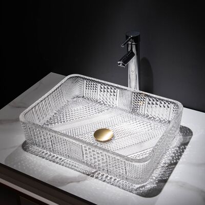 Homary Modern Glass Rectangle Transparent Bathroom Vessel Sink Clear Wash Sink with Drain Homary Modern Glass Rectangle Transparent Bathroom Vessel Sink Clear Wash Sink with Drain
