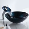 Homary Dark Blue Tempered Glass Circular Vessel Sink Waterfall Faucet Set Pop-Up Drain Included