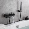Homary Wall Mount Waterfall 2-Handle Matte Black Bathtub Filler Faucet with Hand Shower