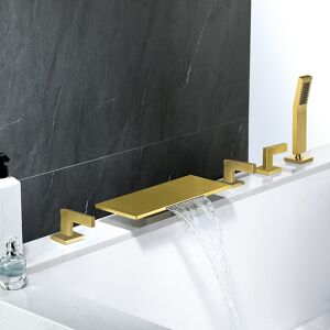 Homary Modern Waterfall Bathtub Faucet Deck Mounted Tub Filler with Handshower in Brushed Gold