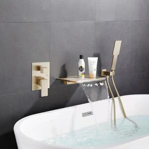 Homary Solid Brass Waterfall Wall-Mounted Bathtub Faucet Tub Filler Single Handle Brushed Gold