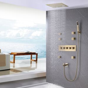 Homary Ceiling-Mounted 16" Shower System in Brushed Gold 4-Function Thermostatic with Handheld Shower, and 6 Body Jets
