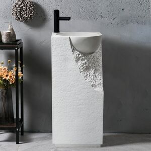 Homary 34" Japandi Tall Stone Resin Pedestal Sink with Rounded Basin Freestanding in White