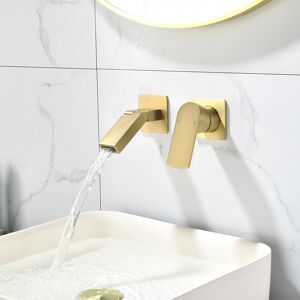 Homary Brushed Gold Waterfall Bathroom Sink Faucet with Swirling Spout Wall-Mounted Solid Brass