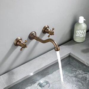 Homary Chester Wall Mount 2-Handle Antique Brass Bathroom Sink Faucet with Cross Handles