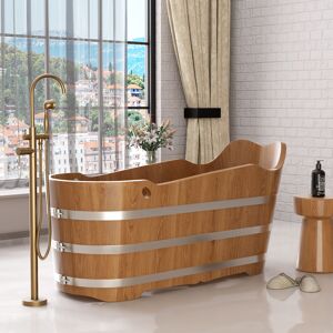 Homary 59" Japanese Oak Wood Soaking Bathtub Freestanding Modern Natural Bathtub