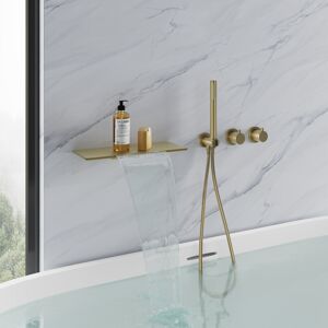 Homary Brushed Gold Brass Bathtub Faucet Wall-Mounted Tub Filler Waterfall Design With Hand Shower