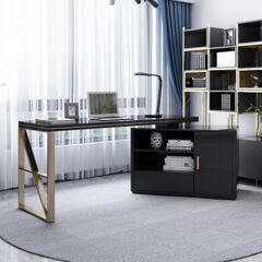 Homary Modern 63" Black L-Shaped Desk Corner Computer Desk with Cabinet & Rich Storage