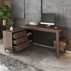 Homary Ultic Walnut L Shaped Home Office Desk Wooden Computer Desk with Storage Drawers & Shelf