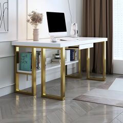 Homary 39" Modern White & Gold Rectangular Computer Desk with Drawer & Storage Shelf