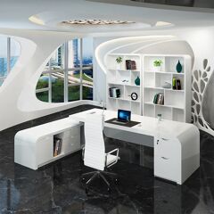 Homary Chicent L-shaped Modern White Computer Desk with Cabinet & Ample Storage Left Hand