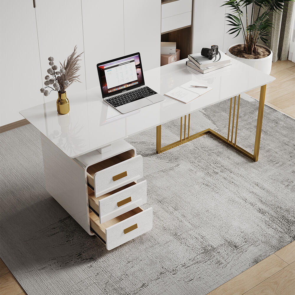 Homary 71" Modern White Home Office Executive Desk with Drawers & Storage Cabinet in Gold Base