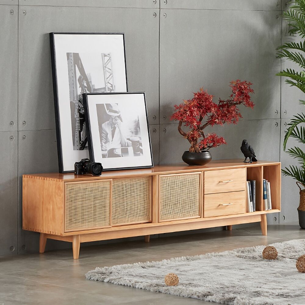 Homary 79" TV Stand Natural Media Console with Doors & Drawers & Shelf Rattan Woven in Large