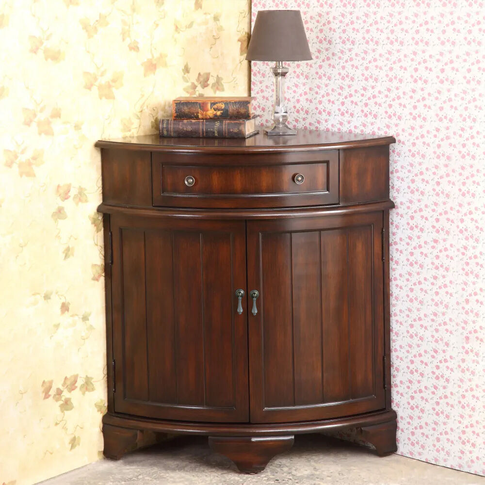 Homary Traditional Walnut Corner Cabinet Triangle Accent Cabinet with Drawer & Shleves