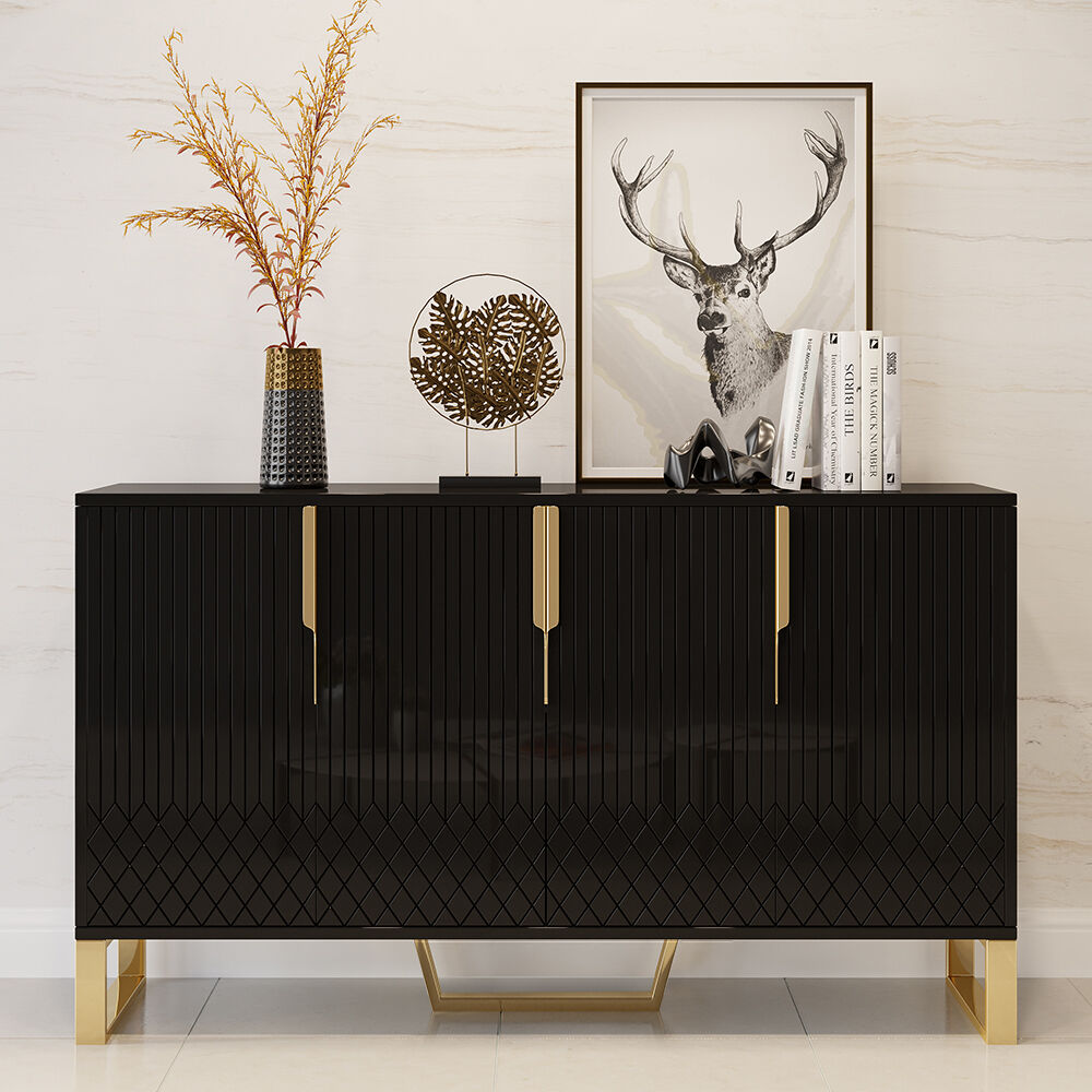 Homary Aro Modern Black Wood Sideboard Cabinet 4 Doors for Kitchen Storage 60" Wide