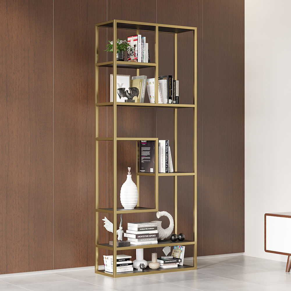 Homary 78" Modern Black & Gold Etagere Bookshelf Display 8-Shelf Tall Book Shelf with MDF and Stainless Steel Frame