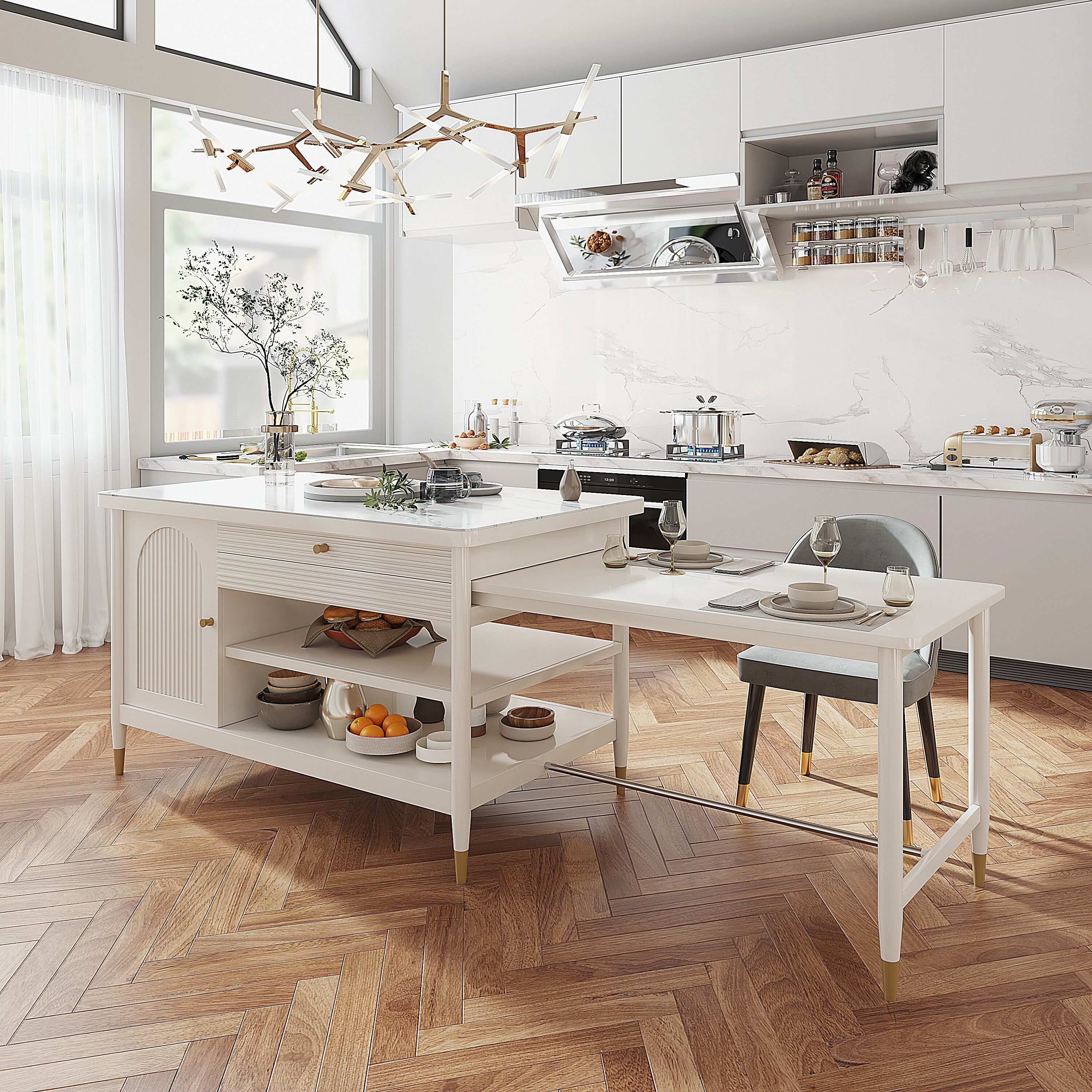 Homary Modern 60" Extendable White Kitchen Island with Storage Faux Marble Kitchen Cabinet