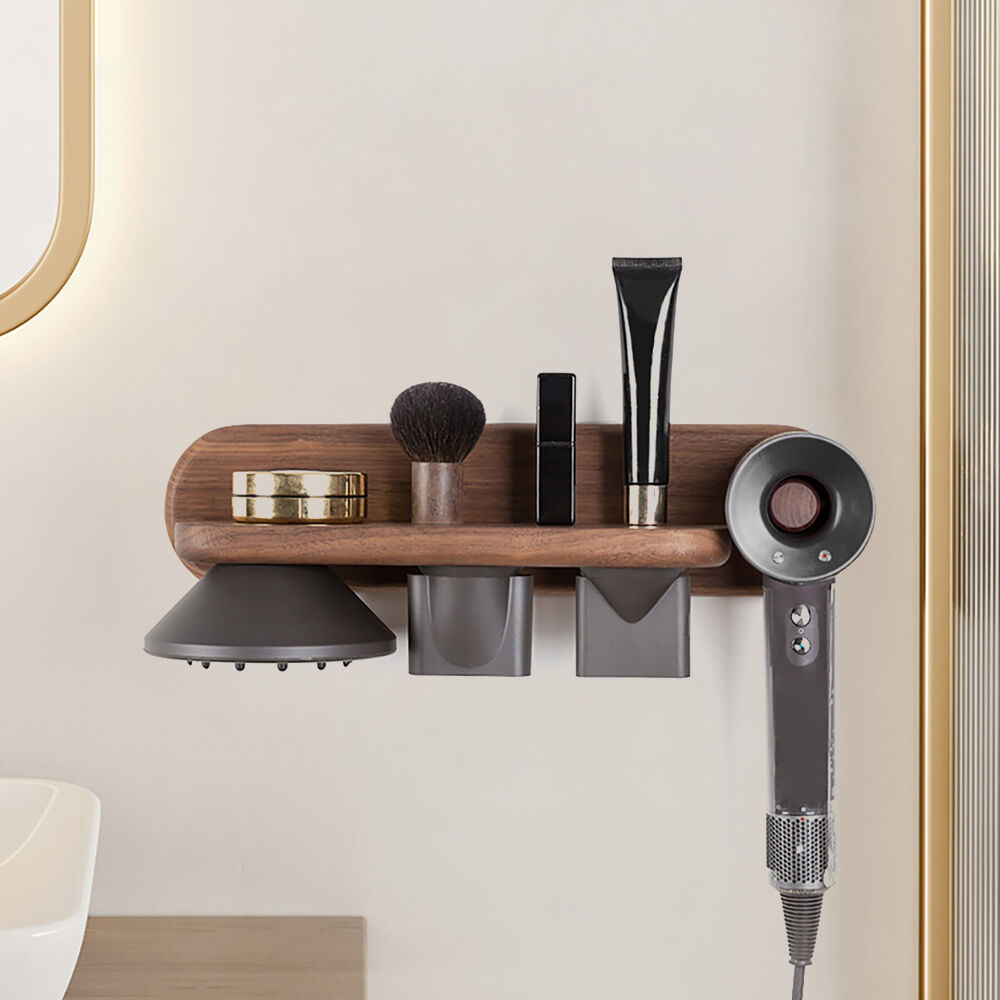 Homary Wood Hair Dryer Holder Rack in Walnut with Accessories Storage & Shelf