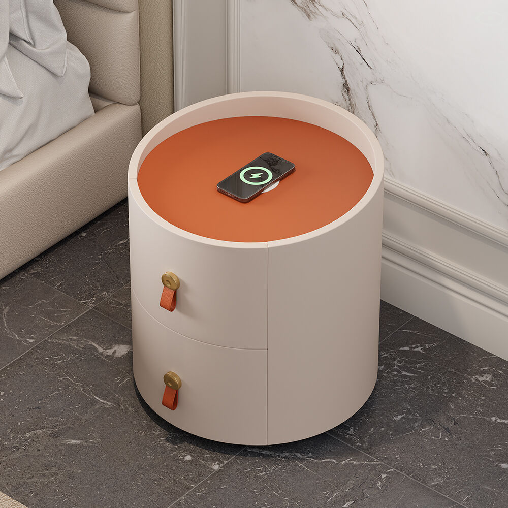 Homary Modern Round Leather 2 Drawer Nightstand with Sintered Stone Top & Wireless Charger