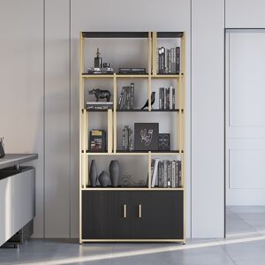 Homary 78" 5-Tier Black Bookshelf with Doors Storage Cabinet Gold Frame