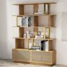 Homary 5-Tier Natural Wood Bookshelf with 2 Doors Modern Bookcase in Gold Finish
