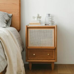 Homary Rustic Rattan Nightstand with Storage Solid Wood Bedside Table in Walnut