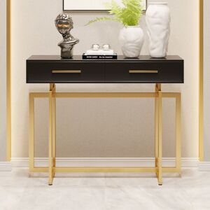 Homary 40" Modern Narrow Black Console Table with Storage Drawers and Metal Legs in Gold