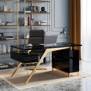 Homary Hungled 55" Modern Black and Gold Office Wooden Writing Desk with Storage File Cabinet