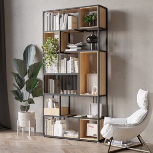 Homary 78" Modern Black Steel Geometric Bookcase 6-Tier Bookshelf Wooden Tall Book Shelf
