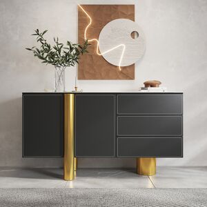 Homary 60" White Storage Sideboard Buffet Sintered Stone Top Black Faux Leather Cabinet