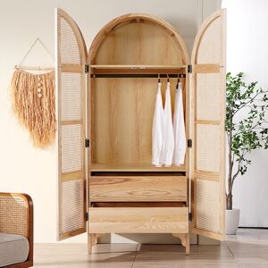 Homary Natural Woven Rattan Bedroom Clothing Armoire with Hidden 2 Doors and Drawers Wardrobe