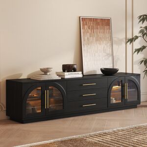 Homary Arune 80" Mid Century Modern Black TV Stand with LED Lights and Arched Glass Cabinet Doors