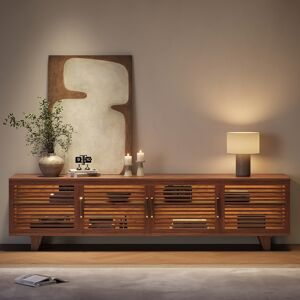 Homary 87'' Solid Ash Wood TV Stand Mid Century Modern Media Console with Storage & LED in Walnut