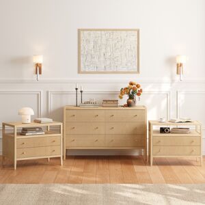 Homary Stria Natural Fluted 6-Drawer Dresser & 2 Wide Nightstands Set