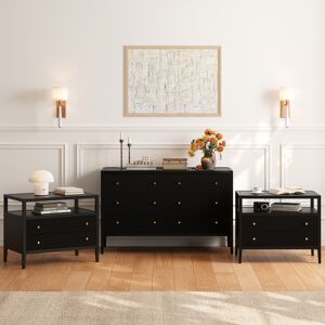 Homary Stria Black Fluted 6-Drawer Dresser & 2 Wide Nightstands Set
