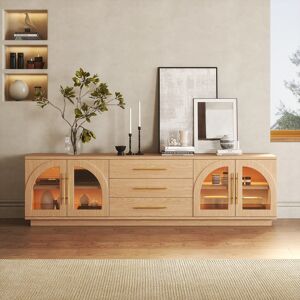 Homary Arune 72" Mid Century Modern Natural TV Stand with LED Lights and Arched Glass Cabinet Doors