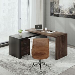 Homary Modern L Shaped Executive Office Desk with with Movable File Cabinet Black & Walnut Swivel Desk Office Furniture (59.8" )