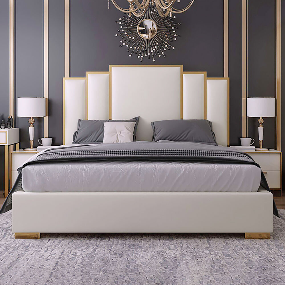 Homary White Platform Bed Faux Leather Cal King Bed with Geometric Upholstered Headboard