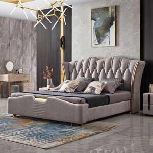 Homary Light Gray Upholstered Tufted King Bed with Wingback Headboard