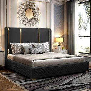 Homary Modern Black Upholstered King Bed Polished Gold and Faux Leather Headboard Included