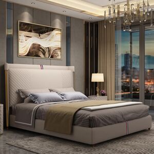 Homary Beige Microfiber Leather Upholstered Bed with Wingback Headboard, California King
