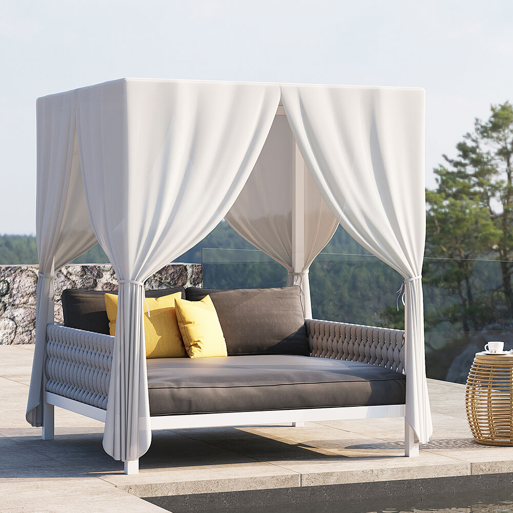 Homary White Aluminum & Gray Woven Rope 2-Person Outdoor Patio Daybed with Canopy Curtains