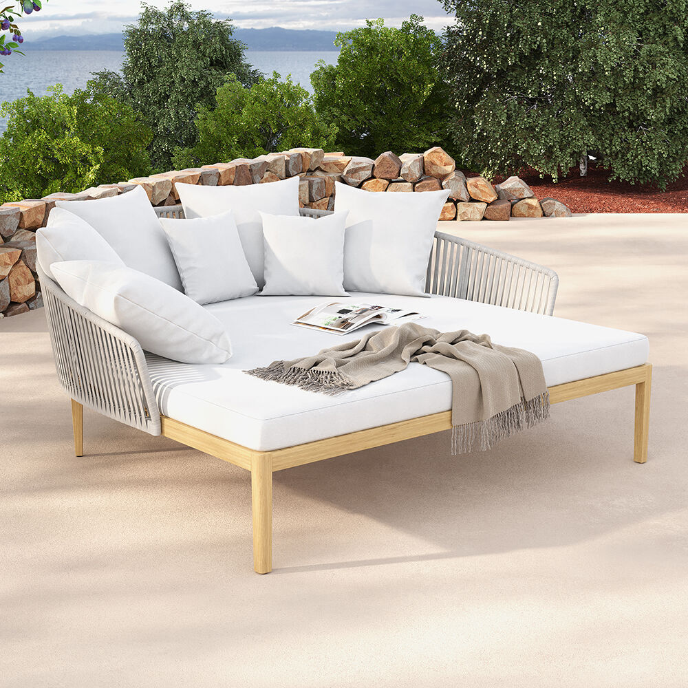 Homary Modern Rattan & Metal Outdoor Patio Daybed White & Gray with Cushion Pillow