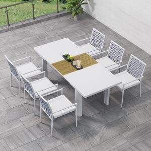 Homary 7 Pieces Outdoor Patio Dining Set Extendable Aluminum & Wood Table & Woven Rope Chairs