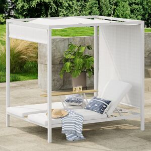 Homary 2-Person White Aluminum Outdoor Patio Daybed with Canopy & Walnut Lift Top Coffee Table