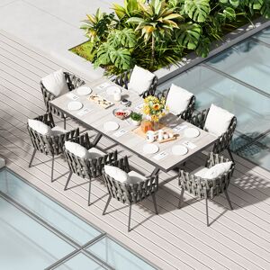 Homary 9-PCS Extendable Outdoor Dining Set with Ceramic Top Table Woven Armchairs, Patio & Yard Extendable Outdoor Dining Table for 8 Person