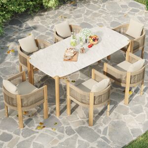 Homary 7 PCS Outdoor Round Cement & Teak Dining Table and Woven Rope Dining Chair Set Boho for 6 Person Cushion & Pillow Included