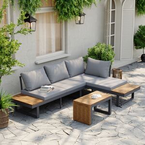 Homary 4 Seater Modular Outdoor Acacia Sectional Sofa Set with Cushion and Table, 3 PCS Versatile L-Shaped Garden Lounge Sofa Patio Furniture Set