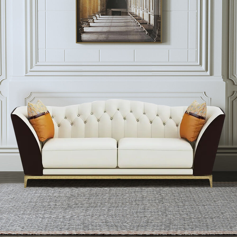 Homary 72.8" Faux Leather Upholstered Sofa White and Brown Mid-Century Couch Curved Tufted Back